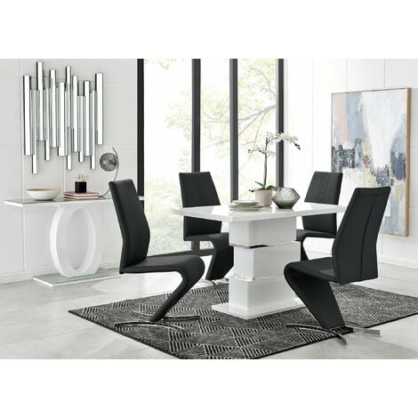 Apollo Rectangle White High Gloss Chrome Dining Table And 4 Black Willow Chairs Set - Black