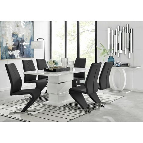 Apollo Rectangle White High Gloss Chrome Dining Table And 6 Black Willow Chairs Set - Black