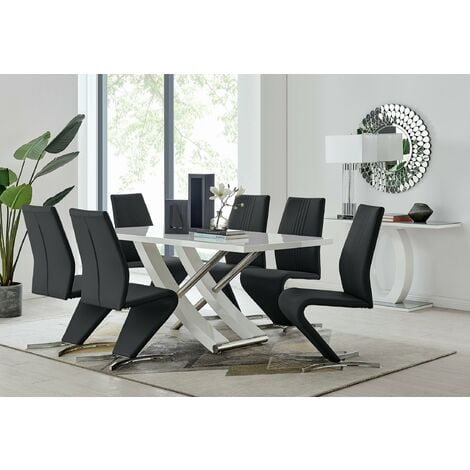 Mayfair Large White High Gloss And Stainless Steel Dining Table And 6 Black Willow Dining Chairs - Black