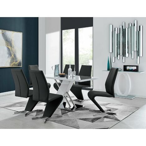 Sorrento White High Gloss And Stainless Steel Dining Table And 6 Black Willow Dining Chairs - Black