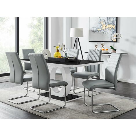 Giovani High Gloss And Glass Dining Table And 6 Elephant Grey Lorenzo Chairs Set - Elephant Grey