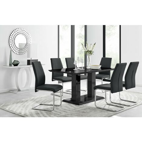 Imperia Black High Gloss Dining Table And 6 Black Modern Lorenzo Dining Chairs Set - Black
