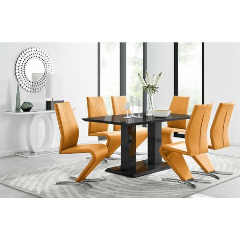 Imperia Black High Gloss Dining Table And 6 Mustard Yellow Luxury Willow Dining Chairs Set - Mustard Yellow