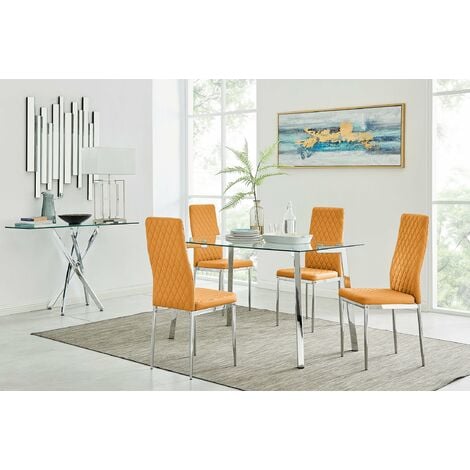 Cosmo Chrome Metal And Glass Dining Table And 4 Mustard Milan Dining Chairs Set