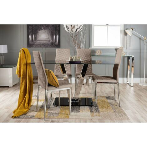 Florini Black Glass And Chrome Metal Dining Table And 6 Cappuccino Grey Milan Dining Chairs Set - Cappuccino