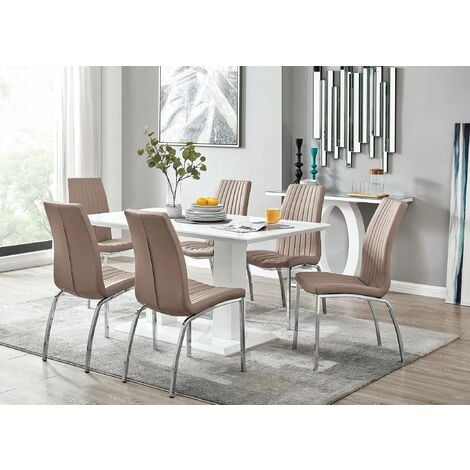 Imperia White High Gloss Dining Table And 6 Cappuccino Grey Isco Chairs Set - Cappuccino