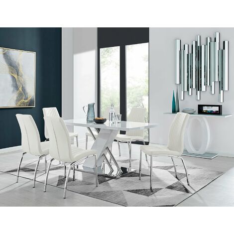 Sorrento White High Gloss And Stainless Steel Dining Table And 6 White Isco Dining Chairs