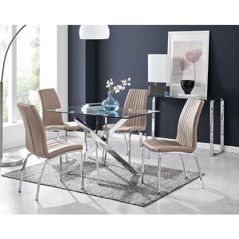 Leonardo Glass And Chrome Metal Dining Table And 4 Cappuccino Grey Isco Chairs Set