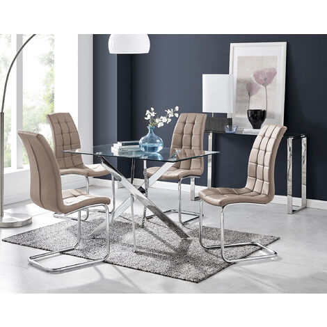 Leonardo Glass And Chrome Metal Dining Table And 4 Cappuccino Grey Murano Chairs Set