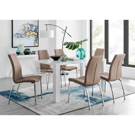 Pivero White High Gloss Dining Table And 6 Cappuccino Grey Isco Chairs Set - Cappuccino