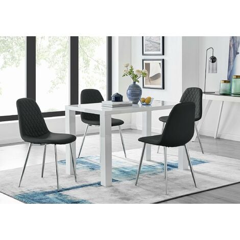 Pivero White High Gloss Dining Table And 4 Black Corona Silver Chairs Set