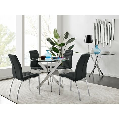 Novara Chrome Metal Round Glass Dining Table And 4 Black Isco Dining Chairs