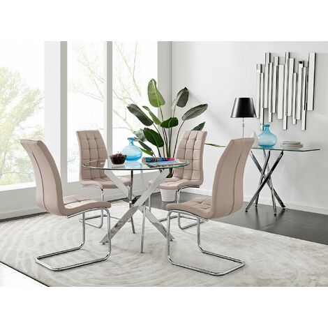 Novara Chrome Metal Round Glass Dining Table And 4 Cappuccino Grey Murano Dining Chairs