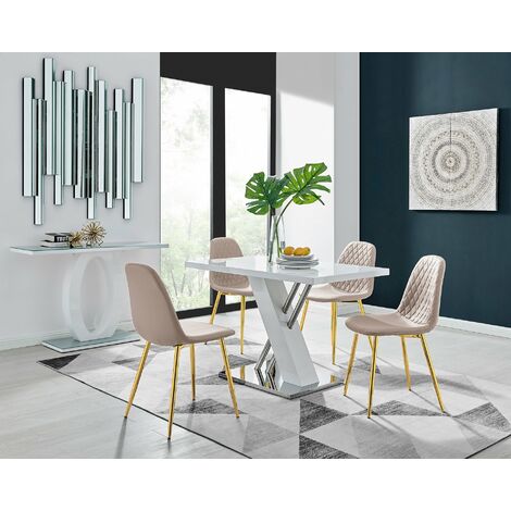 Sorrento 4 White High Gloss And Stainless Steel Dining Table And 4 Cappuccino Grey Corona Gold Chairs Set - Cappuccino
