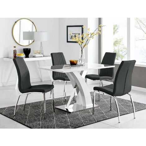 Atlanta White High Gloss And Chrome Metal Rectangle Dining Table And 4 Black Isco Dining Chairs Set - Black