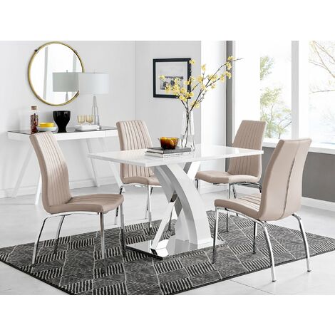 Atlanta White High Gloss And Chrome Metal Rectangle Dining Table And 4 Cappuccino Grey Isco Dining Chairs Set