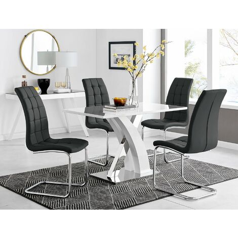 Atlanta White High Gloss And Chrome Metal Rectangle Dining Table And 4 Black Murano Dining Chairs Set - Black