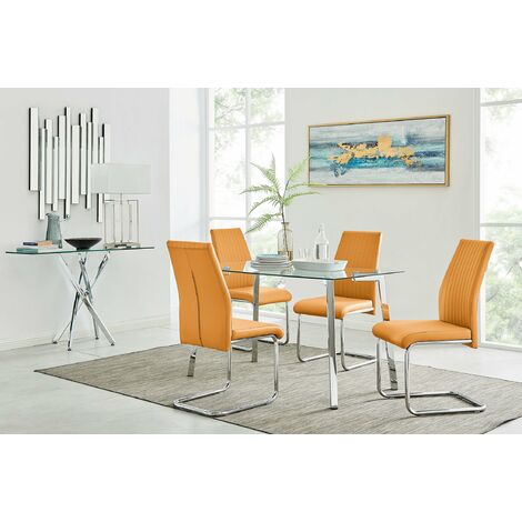 Cosmo Chrome Metal And Glass Dining Table And 4 Mustard Lorenzo Dining Chairs
