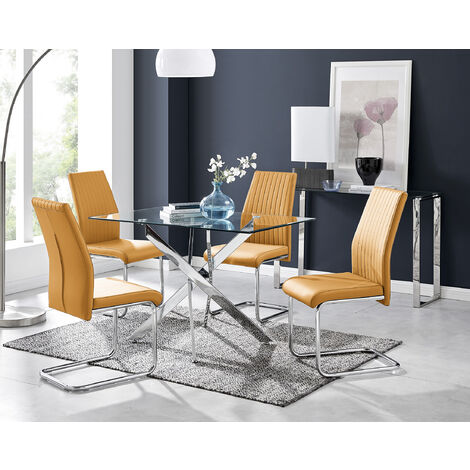 Leonardo Glass And Chrome Metal Dining Table And 4 Mustard Lorenzo Dining Chairs