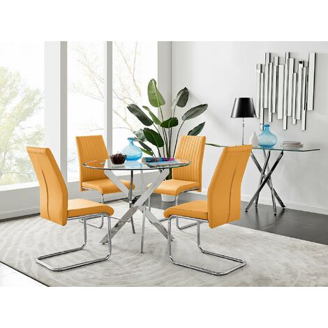 Novara Chrome Metal Round Glass Dining Table And 4 Mustard Lorenzo Dining Chairs
