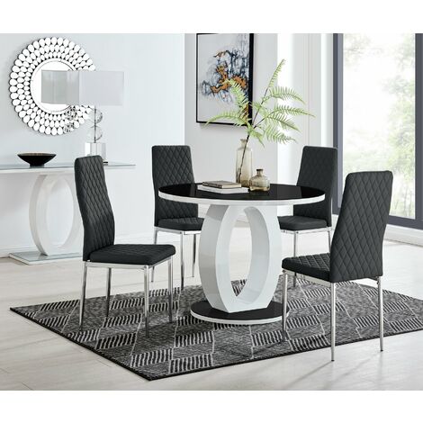 Giovani High Gloss And Glass Large Round Dining Table 4 Black Milan Chairs Set Glass Large Round Dining Table, Tall Round Dining Table For 4