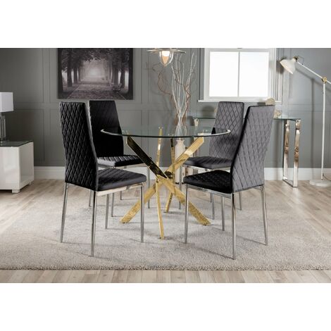 Novara Gold Metal Round Glass Dining Table And 4 Black Milan Dining Chairs