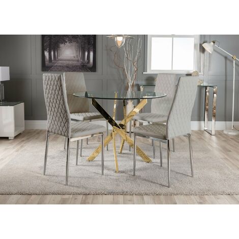 NOVARA 120cm Round Glass and Gold Leg Dining Table & 4 or 6 Velvet Dining  Chairs