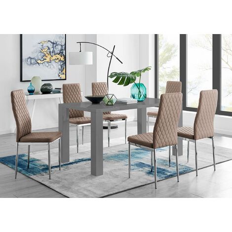 Pivero Grey High Gloss Dining Table And 6 Modern Cappuccino Grey Milan Chairs Set - Cappuccino