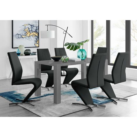 Pivero Grey High Gloss Dining Table And 6 Luxury Black Willow Chairs Set - Black