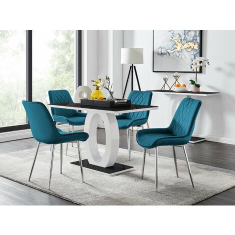 Giovani 4 Black Dining Table & 4 Blue Pesaro Silver Leg Chairs - Blue