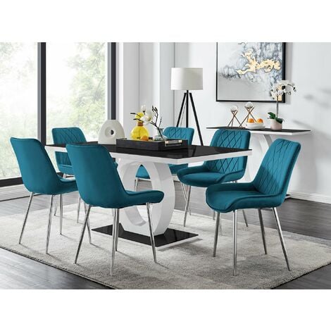 Giovani 6 Black Dining Table & 6 Blue Pesaro Silver Leg Chairs - Blue