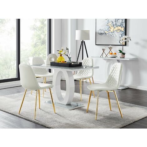 Giovani 4 Grey Dining Table & 4 White Corona Gold Leg Chairs - White