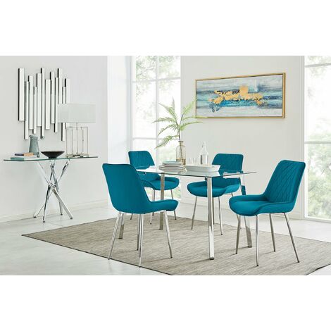 Cosmo Dining Table and 4 Blue Pesaro Silver Leg Chairs - Blue