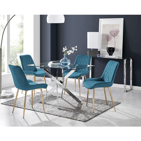 Leonardo 4 Table and 4 Blue Pesaro Gold Leg Chairs - Blue