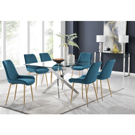 Leonardo 4 Gold Dining Table and 4 Blue Pesaro Gold Leg Chairs