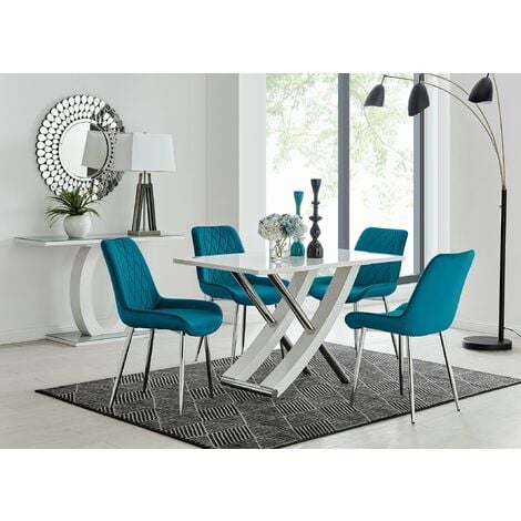 Mayfair 4 Dining Table and 4 Blue Pesaro Silver Leg Chairs - Blue