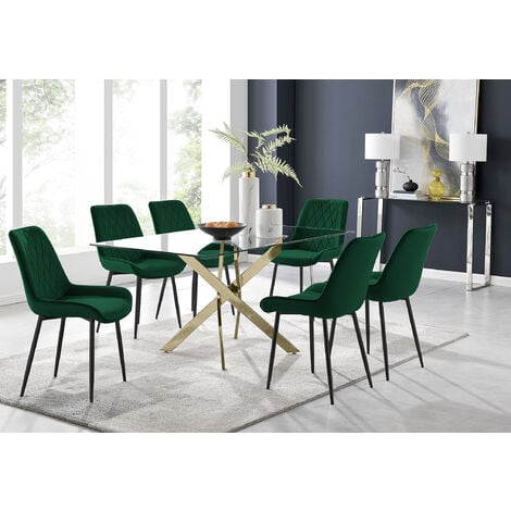 Leonardo 6 Gold Dining Table and 6 Green Pesaro Black Leg Chairs - Green