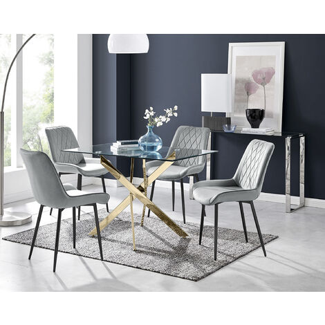 Leonardo 4 Gold Dining Table and 4 Grey Pesaro Black Leg Chairs