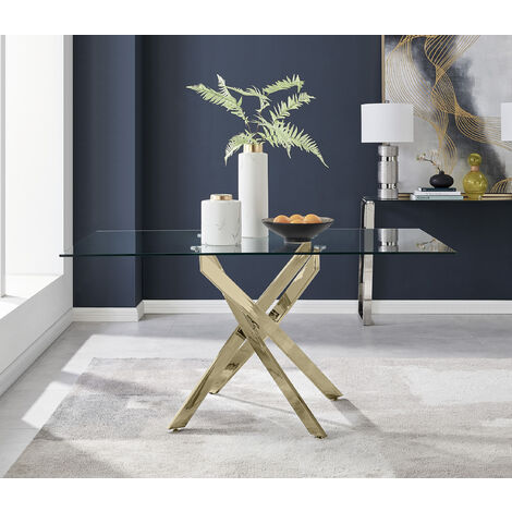 Leonardo Glass and Gold Leg Modern 6 Seat Dining Table