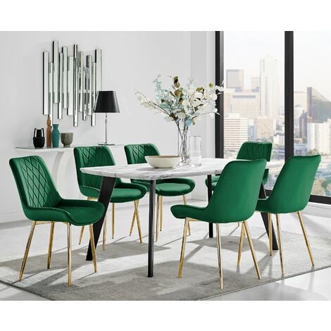 Andria Black Leg Marble Effect Dining Table and 6 Green Pesaro Gold Leg Chairs