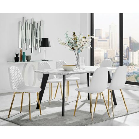 Andria Black Leg Marble Effect Dining Table and 6 White Corona Gold Leg Chairs