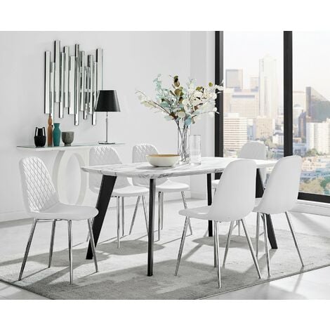Andria Black Leg Marble Effect Dining Table and 6 White Corona Silver Leg Chairs