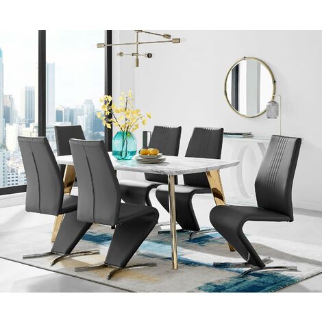 Andria Gold Leg Marble Effect Dining Table and 6 Black Willow Chairs - Black
