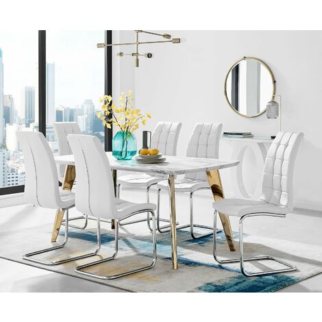 Andria Gold Leg Marble Effect Dining Table and 6 White Murano Chairs - White