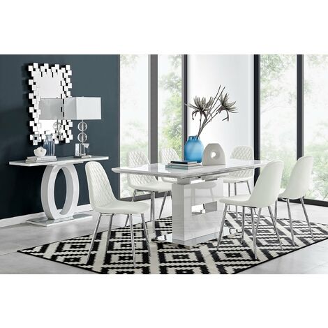 Arezzo Large Extending Dining Table and 6 White Corona Silver Leg Chairs - White