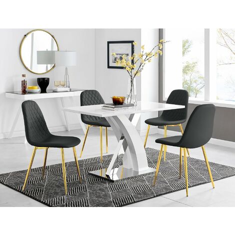 Atlanta White High Gloss And Chrome Metal Rectangle Dining Table And 4 Black Corona Gold Dining Chairs Set - Black