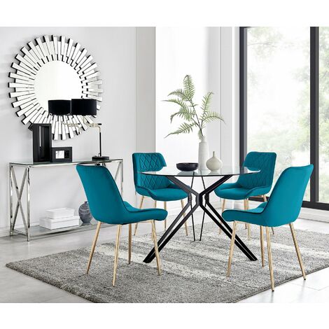 Cascina Dining Table and 4 Blue Pesaro Gold Leg Chairs