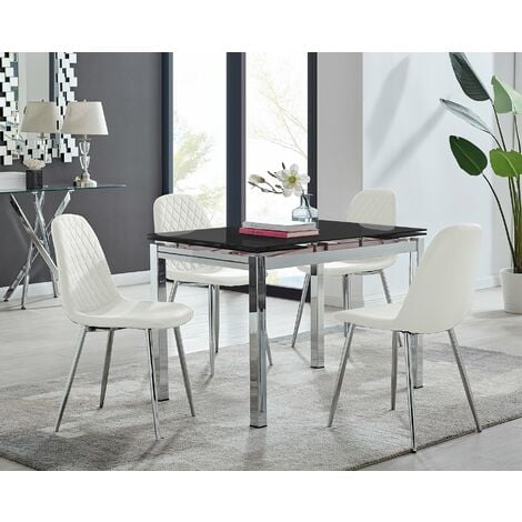 Enna Black Glass Extending Dining Table and 4 White Corona Faux