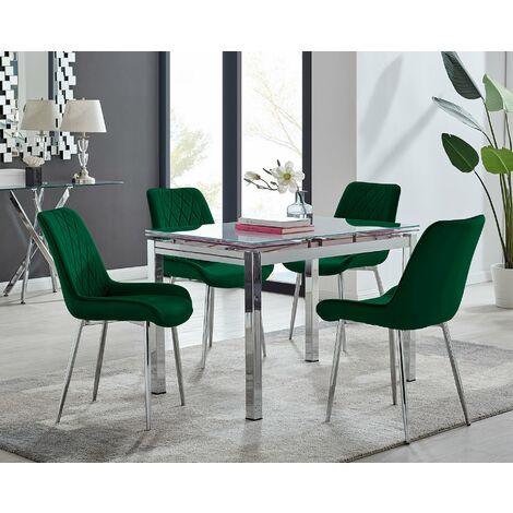 Enna White Glass Extending Dining Table and 4 Green Pesaro Silver Leg Chairs - Green