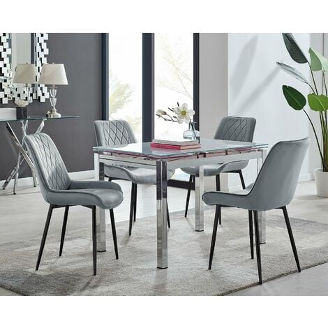 Enna White Glass Extending Dining Table and 4 Grey Pesaro Black Leg Chairs